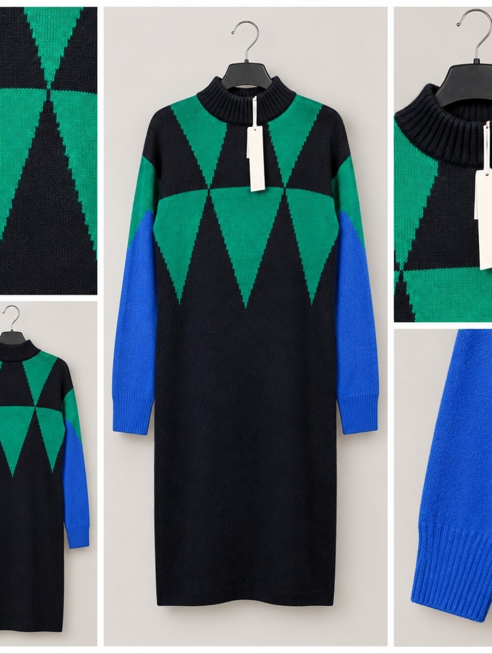 Etcetera Knit Geometric Sweater Dress - Black & Green with Blue Sleeves - NWT